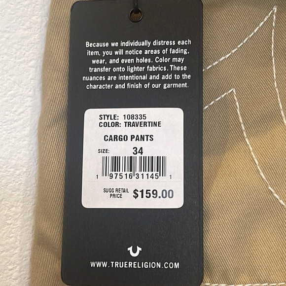NWT True Religion Cargo Pants - Style 108335 - Color Traverline - Size 34 x 32 - Picture 10 of 11